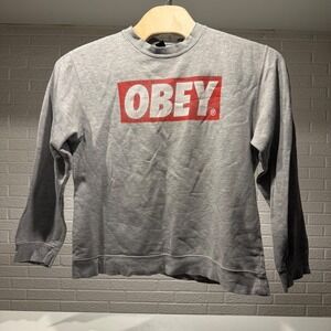 OBEY Logo Crewneck Sweatshirt Gray Red Box Graphic Pullover Size L